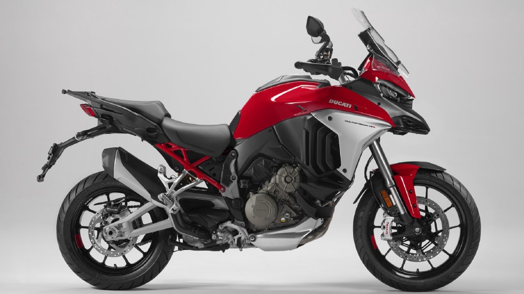 The side view of a red 2021 Ducati Multistrada V4 S