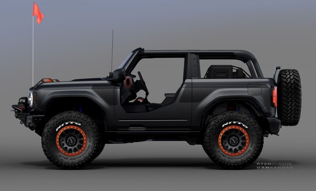 The side view of the black Ford Bronco Badlands Sasquatch 2-Door SEMA Concept