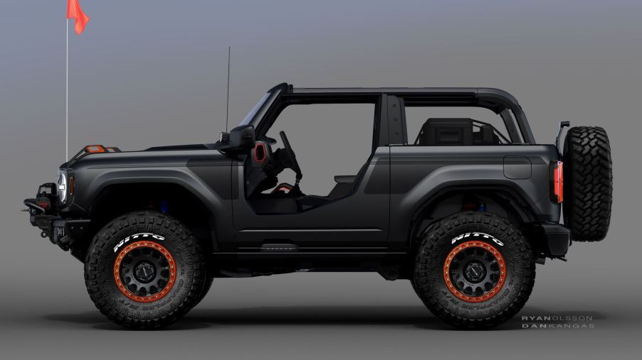 The side view of the black Ford Bronco Badlands Sasquatch 2-Door SEMA Concept