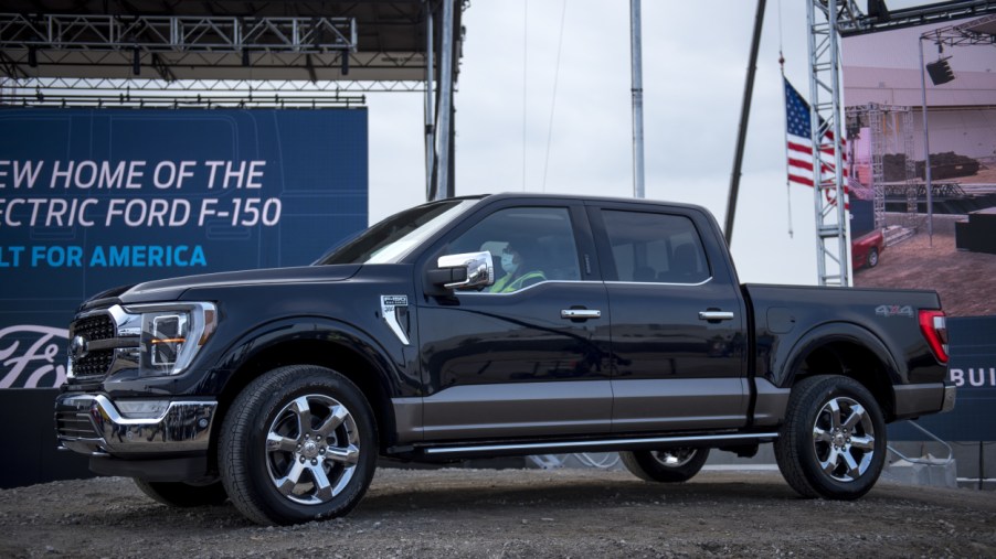 A new 2021 Ford F-150 on display