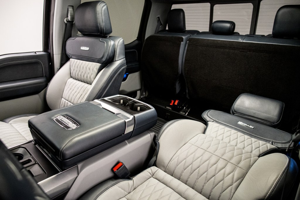 The 2021 Ford F-150's max recline seats, with one folded flat at nearly 180 degrees
