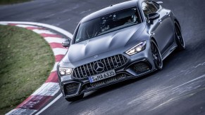 The 2021 Mercedes-AMG GT 63 S driving on the Nurburgring course while setting its record lap time