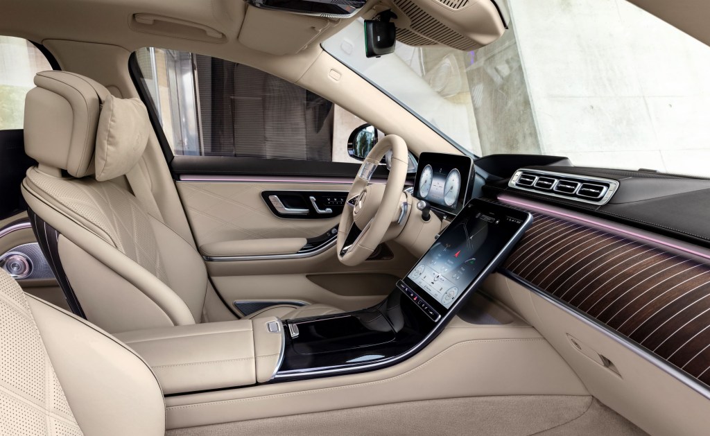 The 2021 Mercedes-Maybach S-Class's front leather seats and wood dashboard