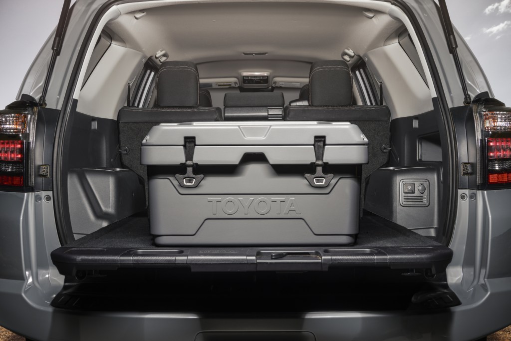 A look inside the cargo area of the 2021 Toyota 4Runner with has a box inside of it