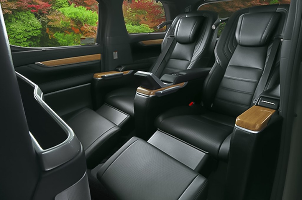 The rear black Nappa leather seats of the 2021 Toyota Alphard Royal Lounge