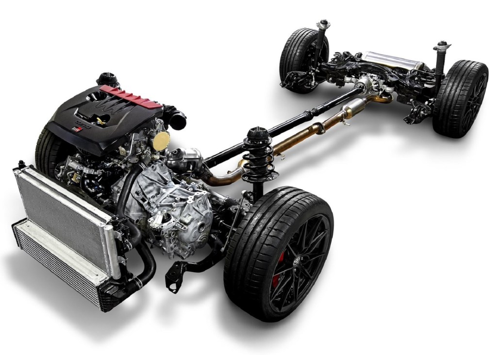 The 2021 Toyota GR Yaris' exposed powertrain and suspension