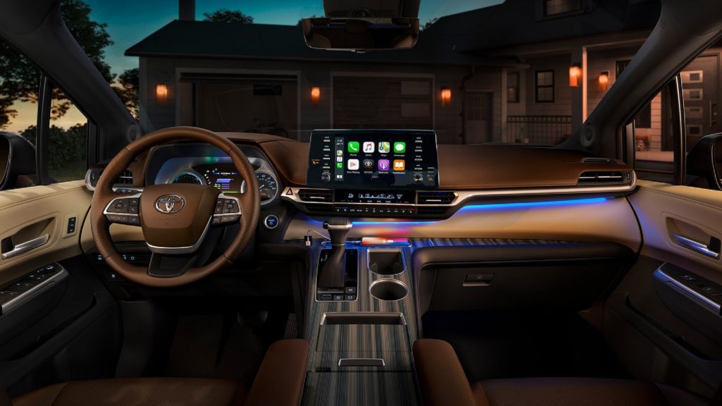 The 2021 Toyota Sienna Platinum's front seats and dashboard
