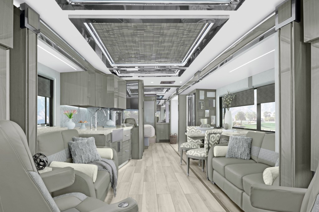 A panoramic view of the King Aire's main living space.