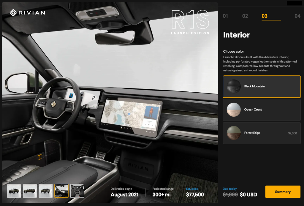 The interior trim configurator for showing three different choices