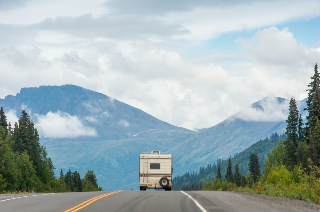 RV driving down Parks Highway, Alaska