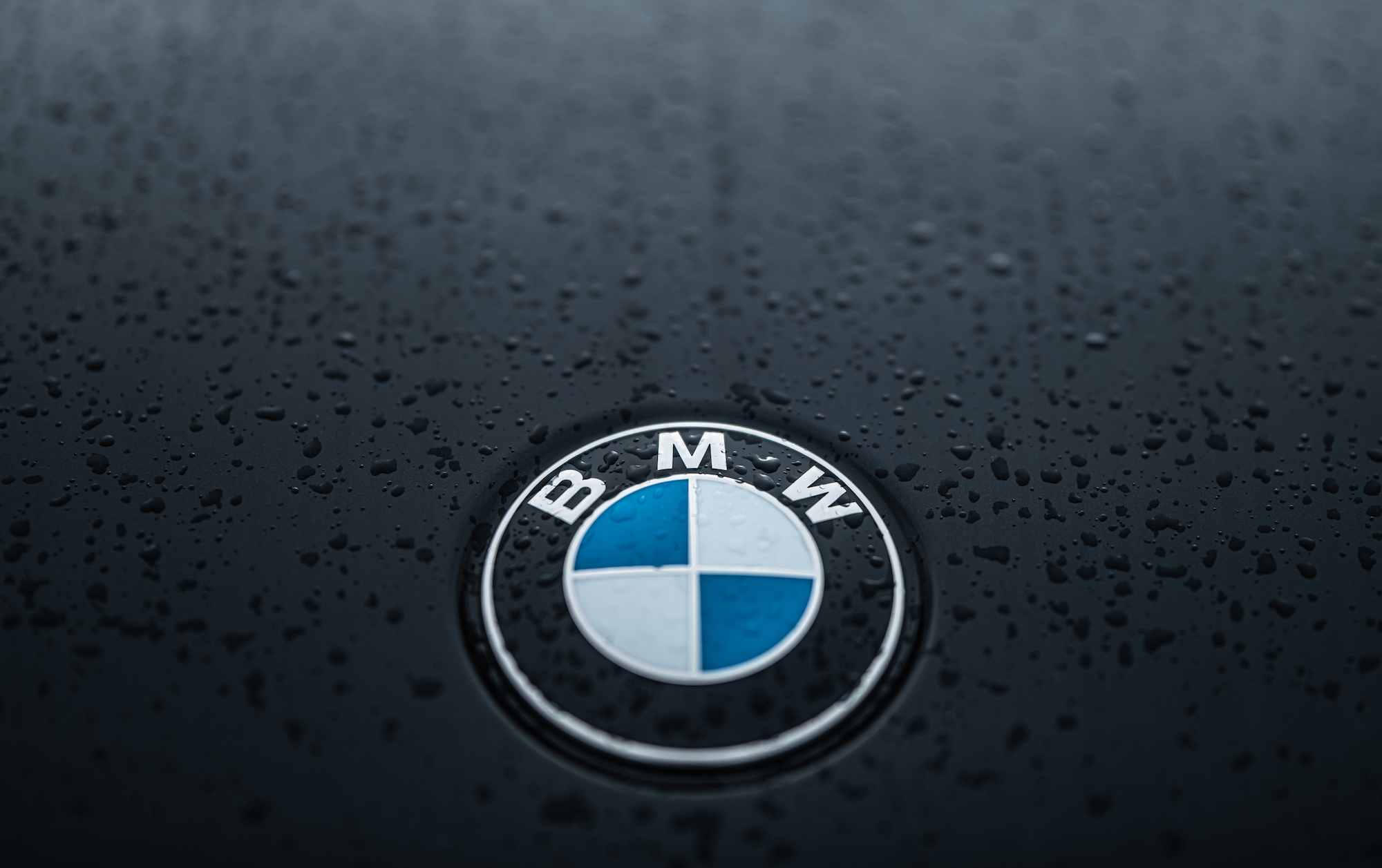 Drops of water can be seen after a rain shower on the logo and the hood on a BMW 520d