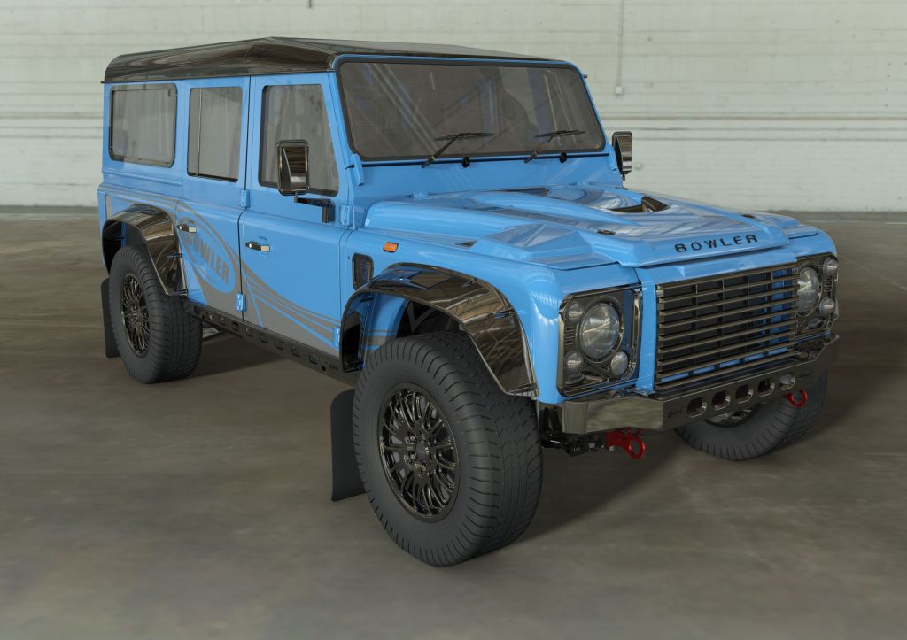 A rendering of a blue Bowler CSP 575 Land Rover Defender