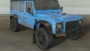 A rendering of a blue Bowler CSP 575 Land Rover Defender