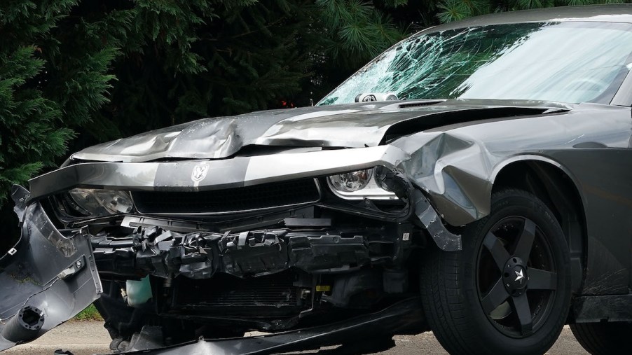 The front end of a vehicle after a car accident