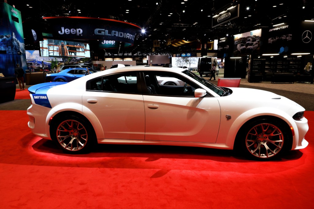 A Dodge Charger SRT Hellcat Widebody on display at an auto show
