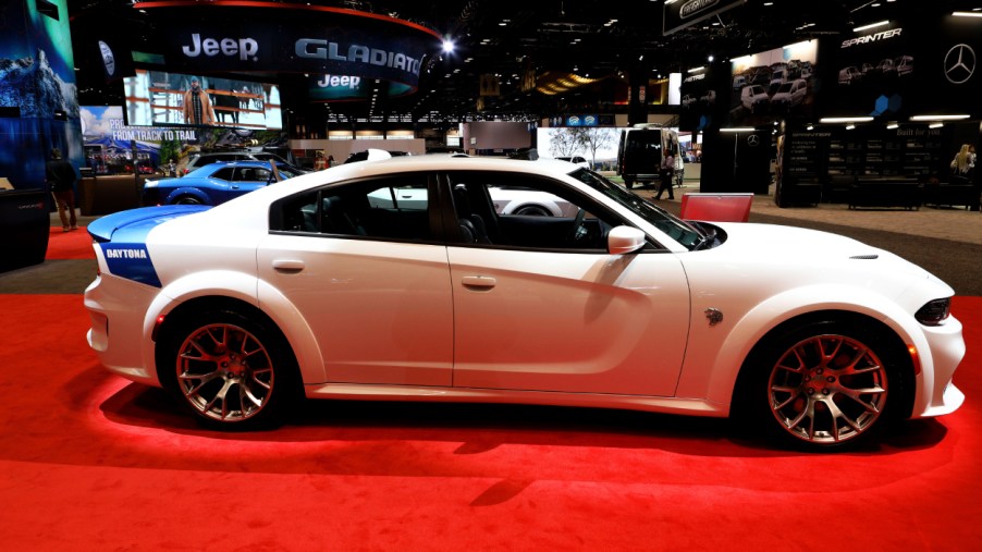 A Dodge Charger SRT Hellcat Widebody on display at an auto show
