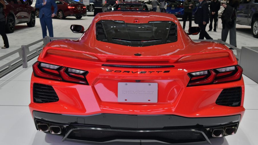 A Chevrolet Corvette Stingray is seen at the 2020 New England Auto Show Press Preview at Boston Convention & Exhibition Center
