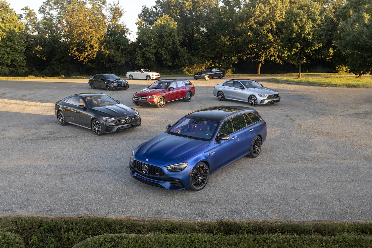 A photo of many variations of the 2021 Mercedes-Benz E-Class outdoors.