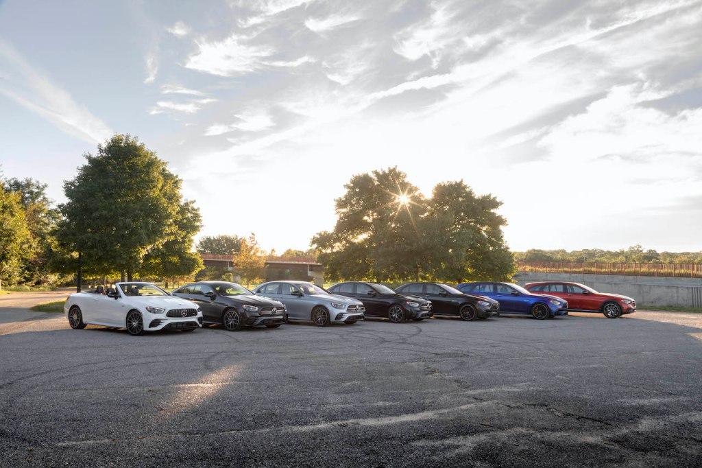 A photo of many variations of the 2021 Mercedes-Benz E-Class outdoors.
