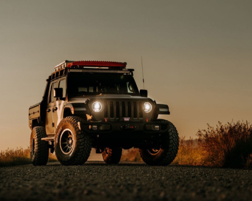 The front view of Expedition Overland's 2019 Jeep Gladiator at sunset