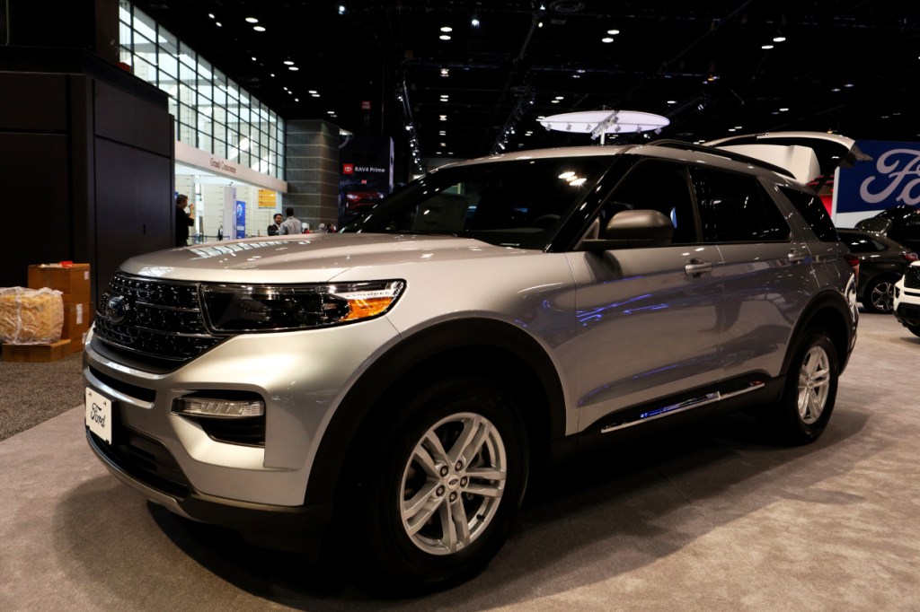 A Ford Explorer on display at an auto show