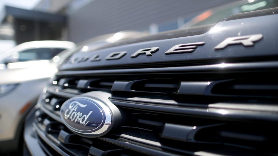 A close up photo of a Ford Explorer's grille