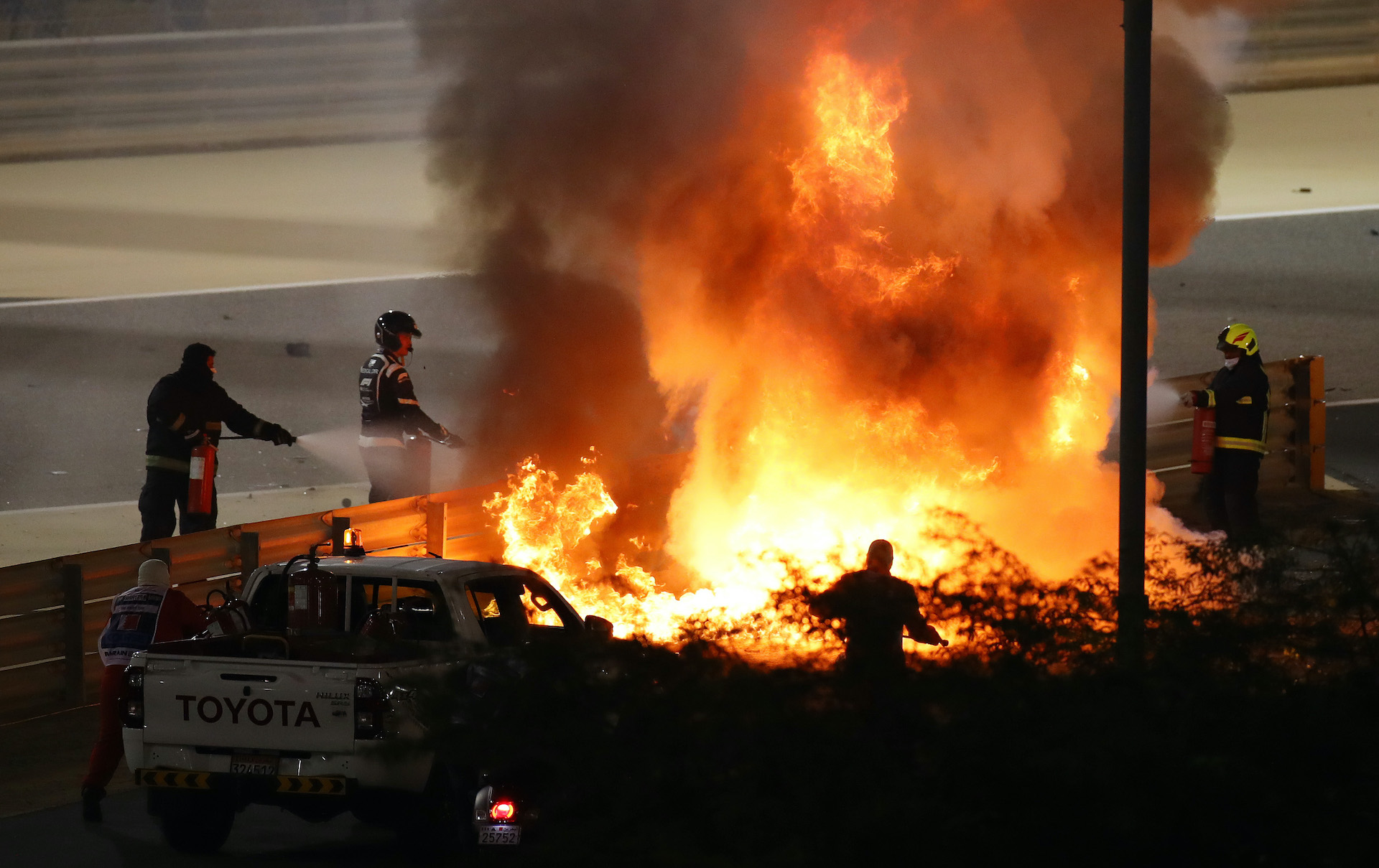 An image of a recent F1 crash in Bahrain involving HAAS driver Romaine Grosjean.