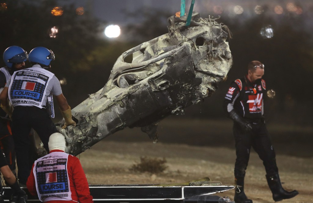 An image of a recent F1 crash in Bahrain involving HAAS driver Romaine Grosjean.