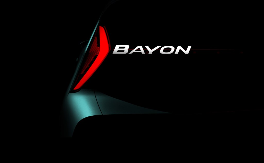 The Hyundai Bayon logo near the LED taillight light surrounded by a black background