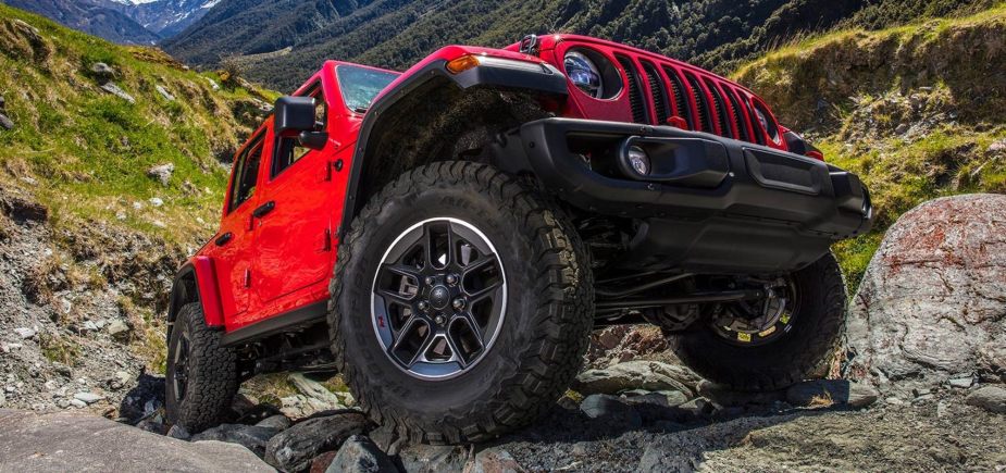 A Jeep Wrangler Rubicon goes off-road.
