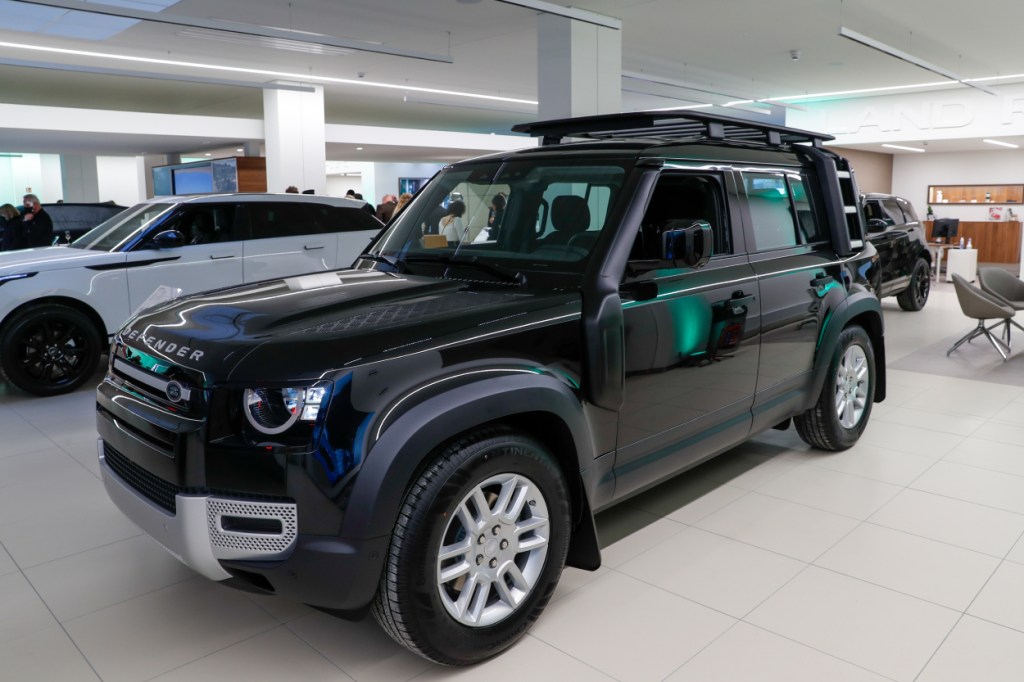Land Rover Defender on display in a showroom