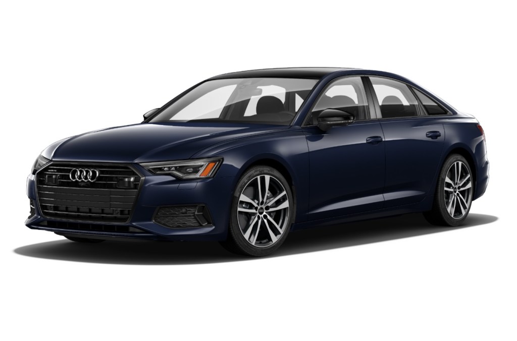 A blue 2021 Audi A6 on display with a white background