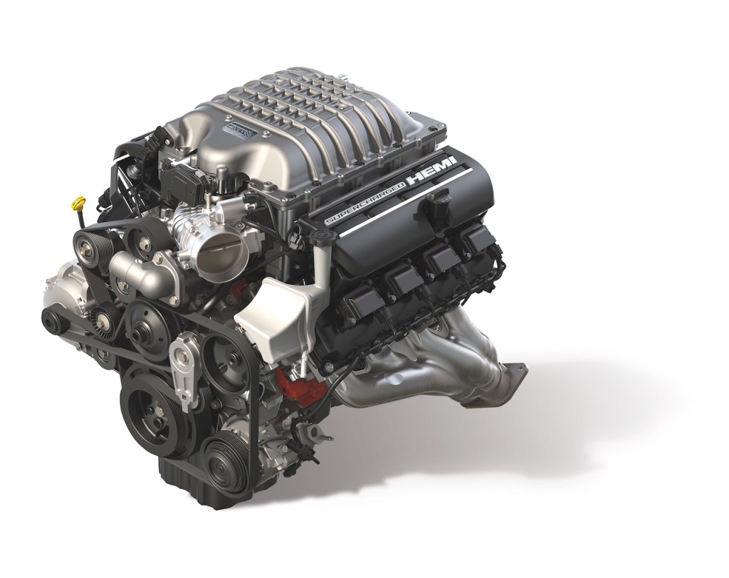 A digital image of the Dodge Challenger SRT Redeye's supercharged V8 engine.