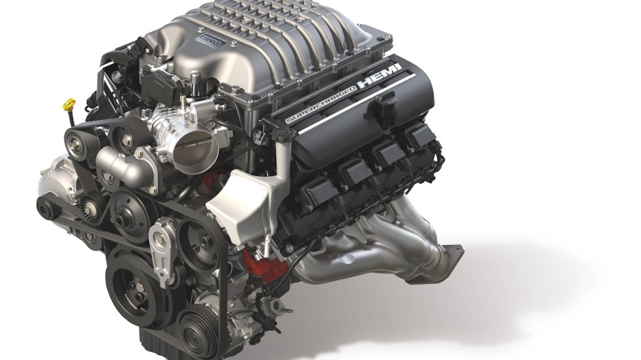 A digital image of the Dodge Challenger SRT Redeye's supercharged V8 engine.