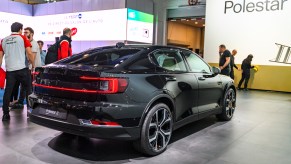 Polestar 2 all-electric 5-door fastback car in black on display at Brussels Expo