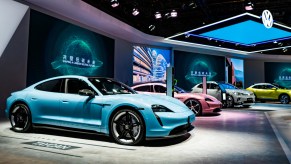 A Porsche Taycan electric car is on display during the 3rd China International Import Expo