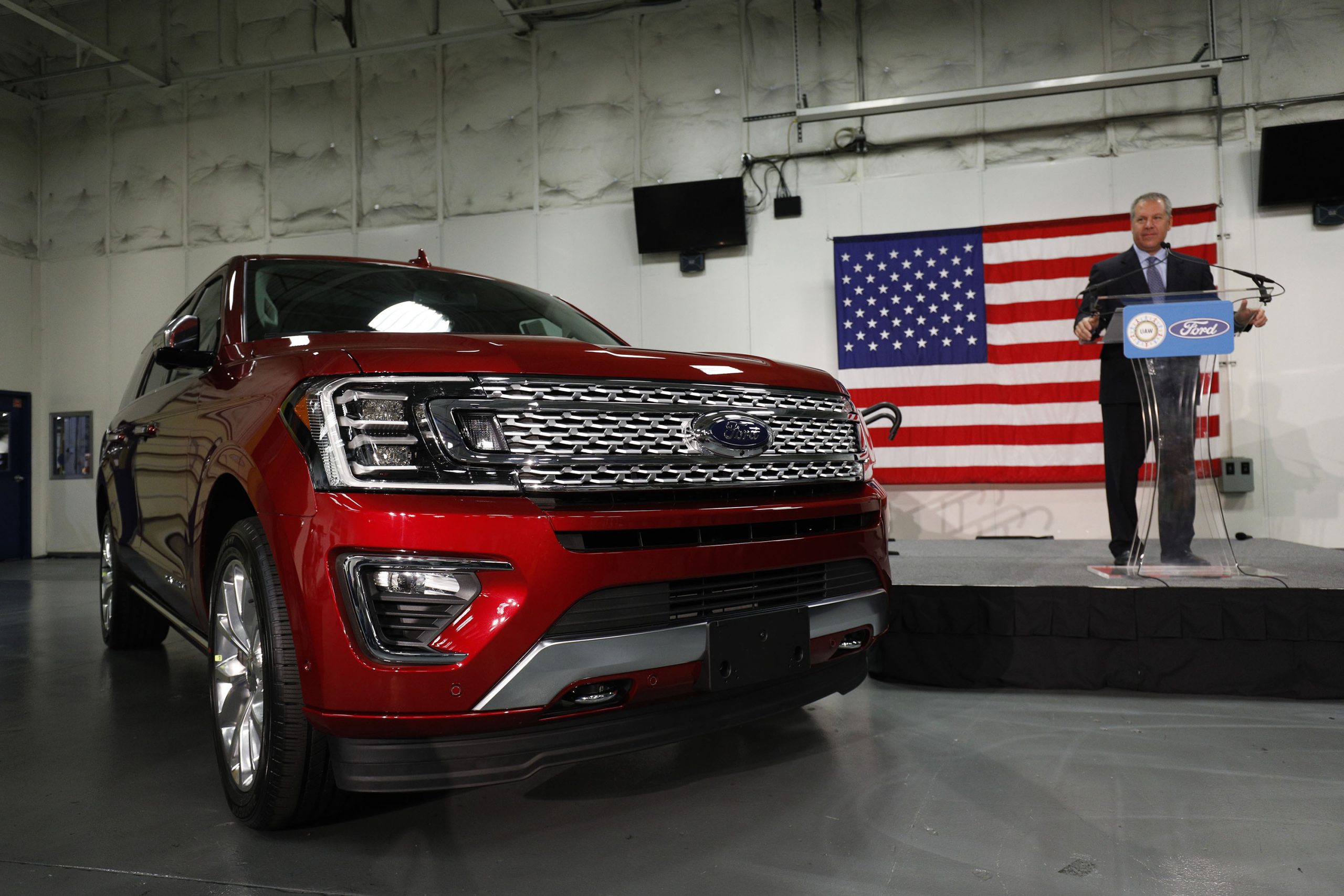 A red Ford Expedition on display
