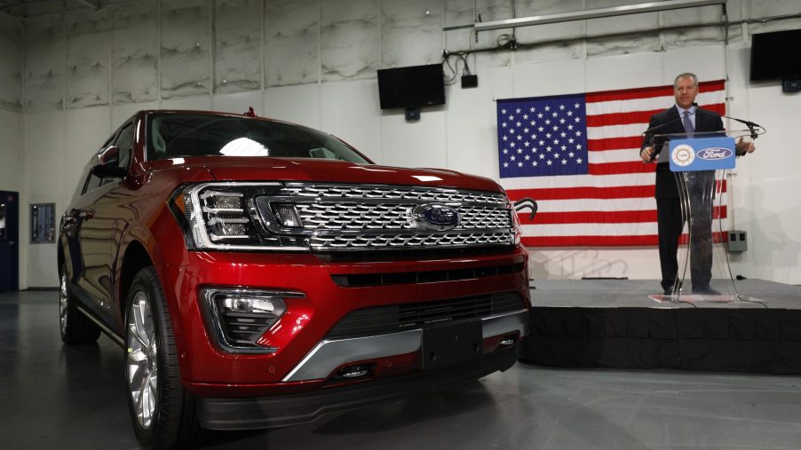 A red Ford Expedition on display