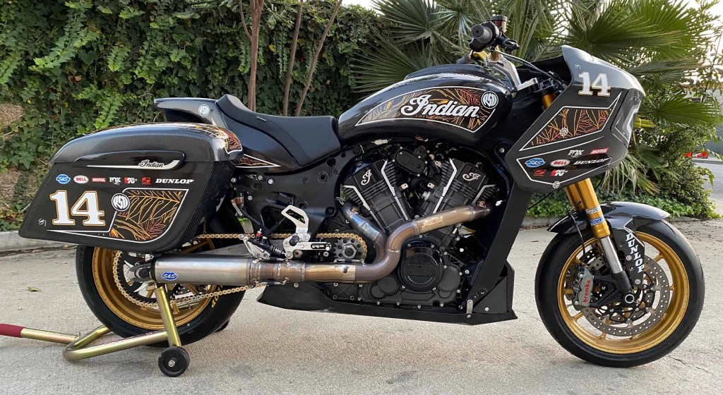 The black Roland Sands Design King of the Baggers Indian Challenger side view