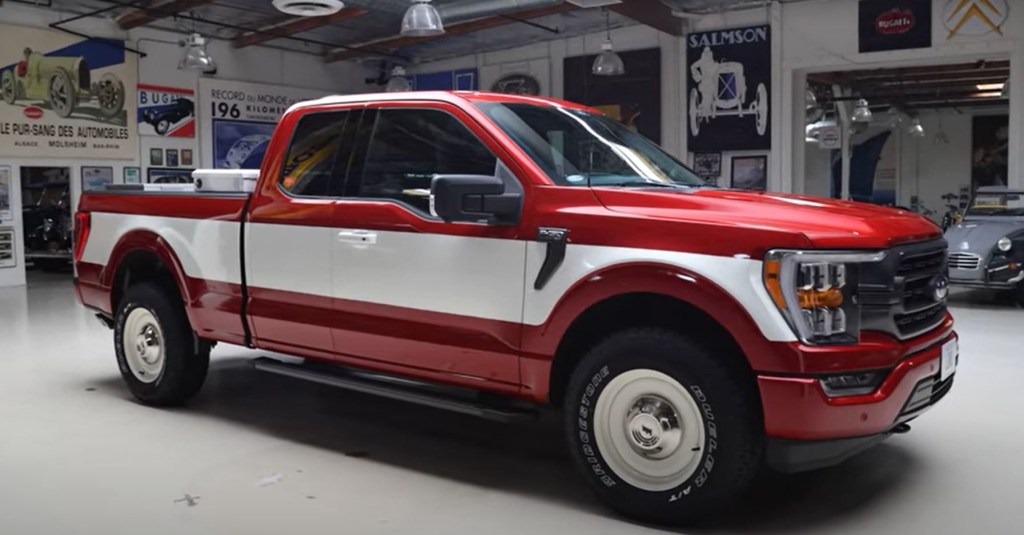 A red and white custom 2021 Ford F-150 pickup truck.