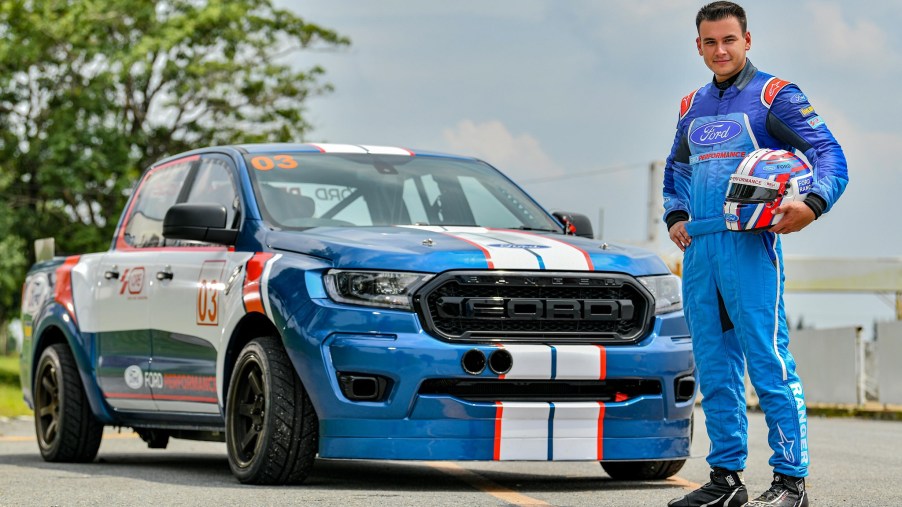 Sandy Stuvik with the blue-and-white Super Pickup Ford Ranger racing truck