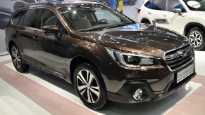 A Subaru Outback is seen during the Vienna Car Show press preview at Messe Wien