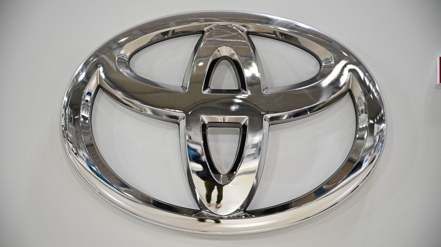 A logo of Toyota is pictured at the companys showroom in Tokyo
