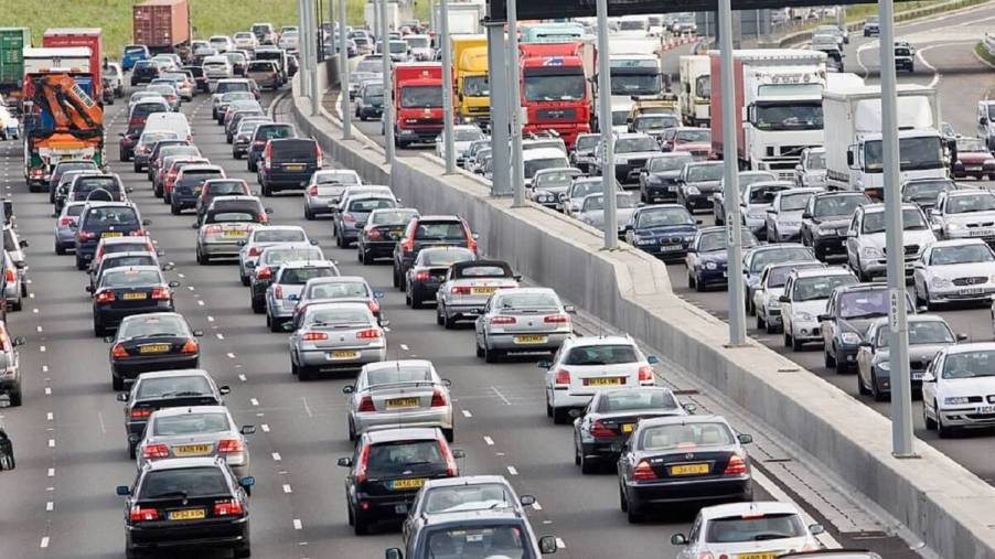 A British motorway, the M25, full of right-hand-drive cars.