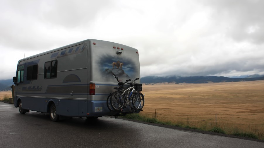 A motorhome with bicycles on back at Valle Grande in Valles Caldera, Northern New Mexico, September 2010