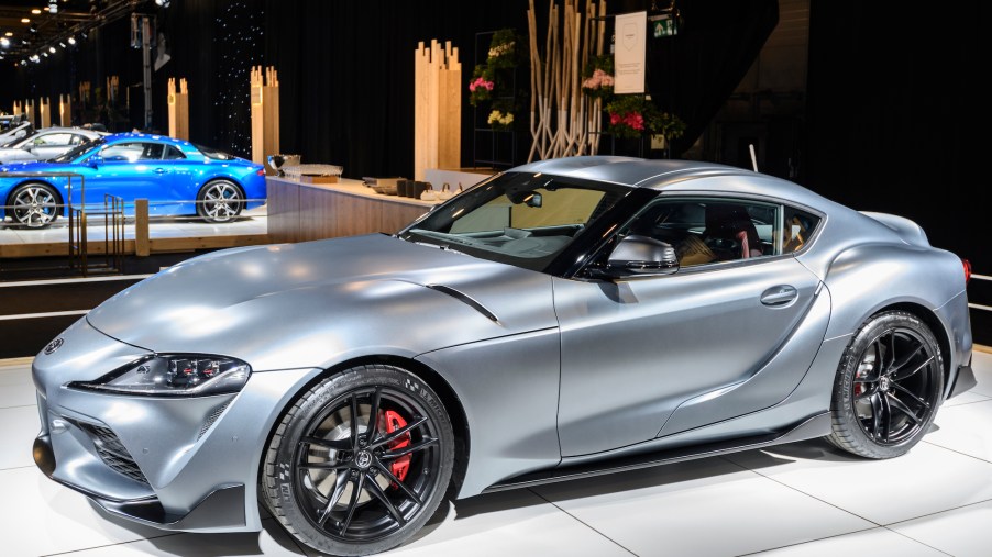 Toyota GR Supra sports car on display at Brussels Expo on January 8, 2020, in Brussels, Belgium.