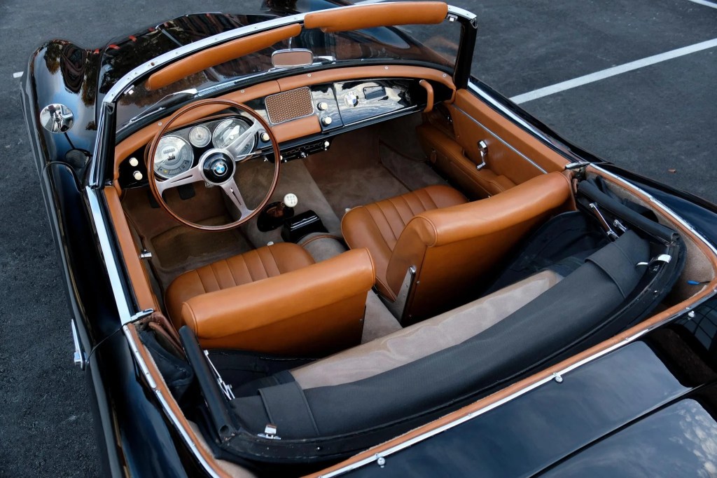 The overhead view of a 1957 BMW 507 Series II's butterscotch leather interior