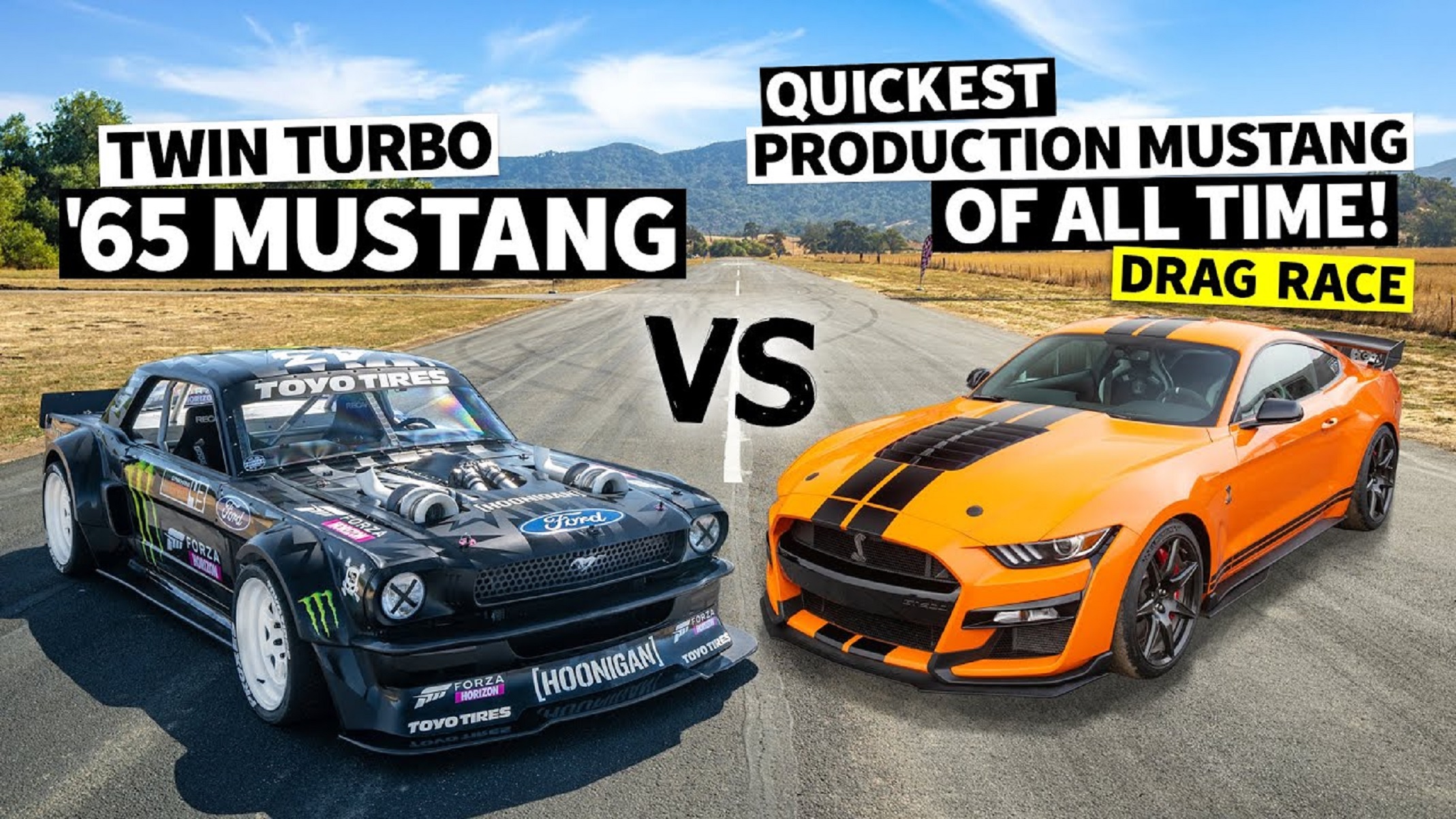 Ken Block's camo 1965 Ford Mustang Hoonicorn RTR V2 next to an orange-and-black 2020 Ford Mustang Shelby GT500