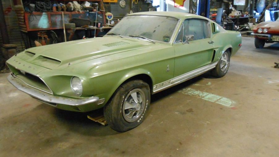 Front quarter view of a lime green 1968 Shelby GT350 fastback