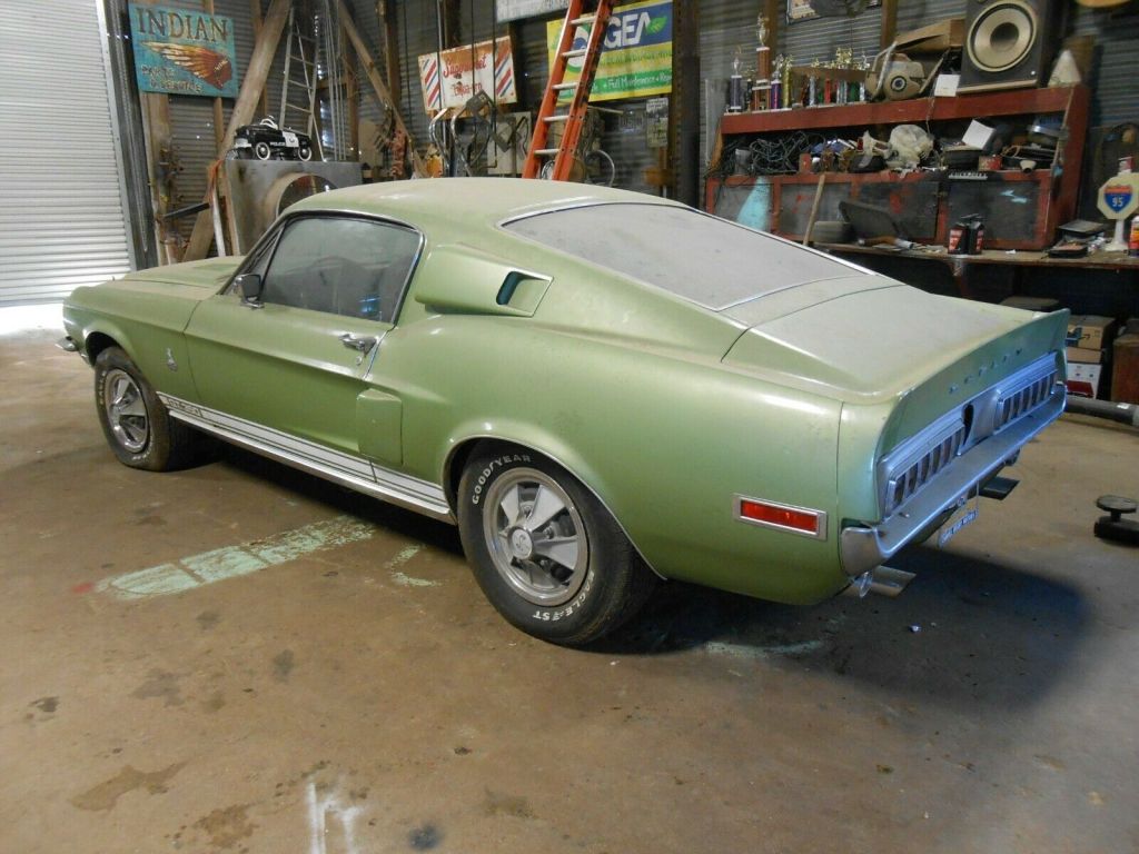 Rear quarter view of a lime green 1968 Shelby GT350
